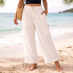 Nautica Linen Cargo Pants Women L White Beachy Drawstring Wide Leg NWT